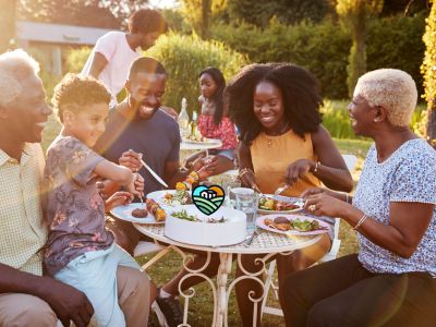 Happy family eating together